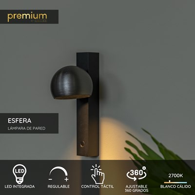 Lucide ESFERA - Lámpara de pared - LED Regul. - 1x9W 2700K - Hierro gris | Premium